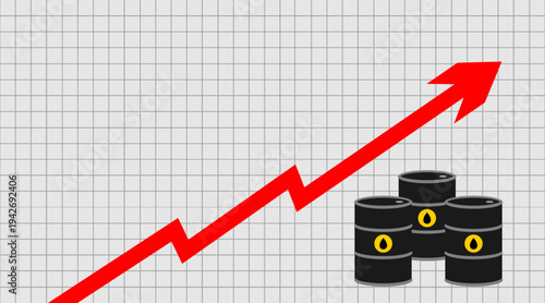 Crude oil price hike concept with oil barrels and a rising red arrow over a gray financial graph background, representing increasing fuel prices, energy market trends and global economic impact.