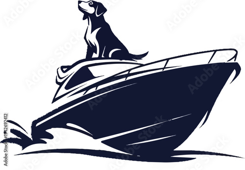 A dog sits proudly atop a sleek boat cutting through the water