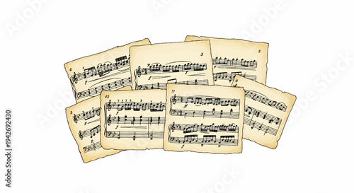 A scattered pile of aged, torn musical score sheets, layered and overlapping