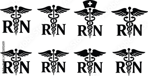 Set of Registered Nurse RN Caduceus Medical Logos with Wings and Nursing Caps for Healthcare Professionals Branding and Nursing School Graduation