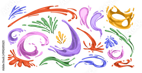 Liquid splashes set. Different colourful drops, bursts and flows of paint. Pouring and falling fruit juice or oil. Streams and fluid spots. Flat isolated vector illustrations on white background