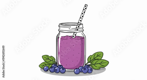 A hand-drawn purple smoothie in a mason jar with a straw and blueberries