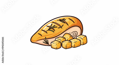 A hand-drawn illustration of golden grilled chicken with rosemary and croutons