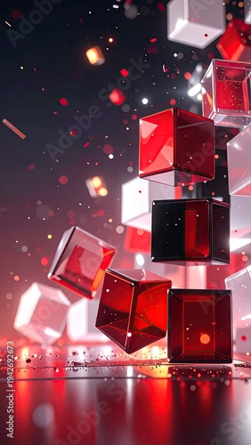 Abstract image of floating transparent cubes and particles against a dark background