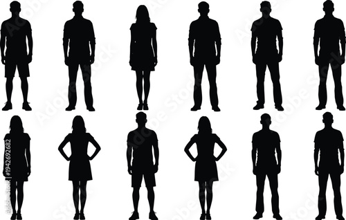 Diverse collection of black silhouettes featuring business people walking, standing, a boxer, and women in relaxed sitting and reclining poses,