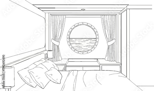 A line drawing of a ship cabin interior with a bed, porthole, and curtains