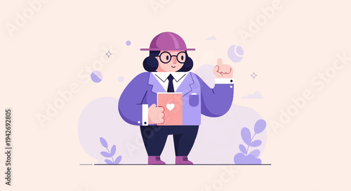 A person in purple suit, hat, glasses, holds a book and gives a thumbs up
