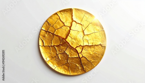A cracked golden disc, centrally placed on a white background