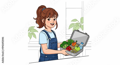 A happy girl with overalls holds a lunchbox filled with healthy food