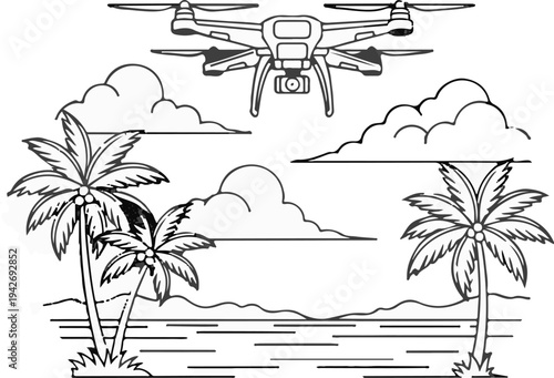 A drone hovers over a tropical coastline with palm trees and clouds