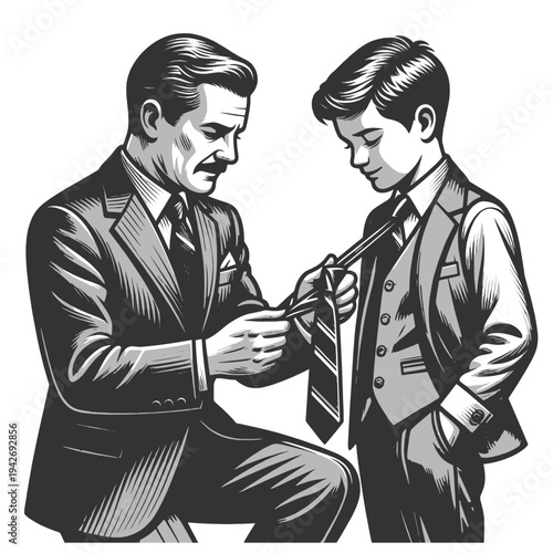 father helping his young son tie a necktie, symbolizing guidance, parenting, mentorship, and growing up sketch engraving generative ai vector illustration. Scratch board imitation. Black and white.