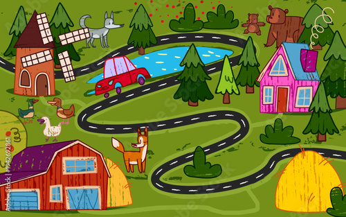 Funny village and forest map for children game design. Vector cartoon illustration of kid hand drawn rural area with car on road, windmill, cute farm and wild animals, lake, trees and straw piles