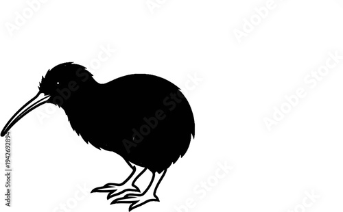 A black silhouette of a kiwi bird with a long beak and visible legs