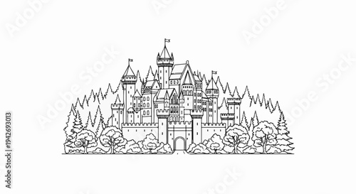 A fairy tale castle with many towers, battlements, and flags, surrounded by trees