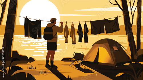 Illustration Of An Adventurer Hanging Wet Clothes On A Simple Rope In The Open Air Vector Design Template