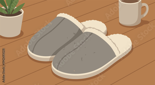 Flat simple vector illustration of a pair of slippers. Cute flat vector illustration perfect for winter comfort, home relaxation, hygge lifestyle, cozy mornings, or self-care themes.