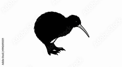 A black silhouette of a kiwi bird with its long beak pointing downwards