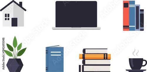 A home, laptop, books, plant and coffee cup create a cozy study setup