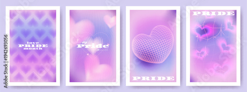 Pride pink purple posters, vector illustrations. Card with blured gradient background, abstract wireframe pattern and defocused heart shapes. LGBTQ month templates for happy inclusive design