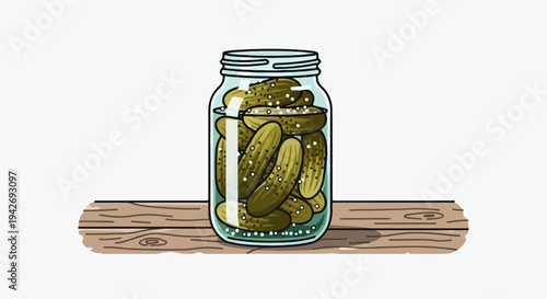 A jar of pickles rests on a wooden plank