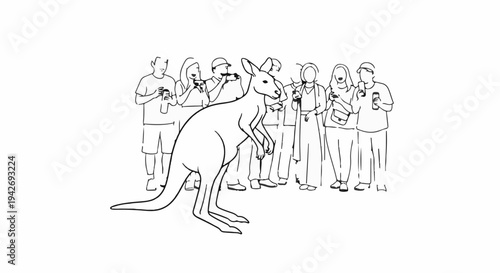 A kangaroo stands in front of a group of people holding drinks
