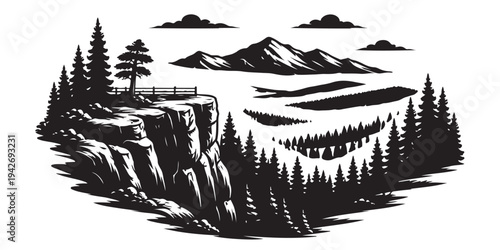 National Park Scenic Overlook Landscape Silhouette, Silhouette Vector, Isolated on White Background