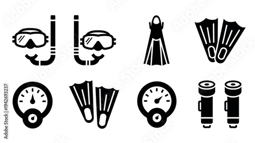 Diving gear icons: goggles, flippers, scuba accessories in bold silhouette design