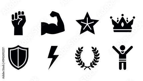 Set of symbolic silhouette icons: power, fitness, victory, and achievement