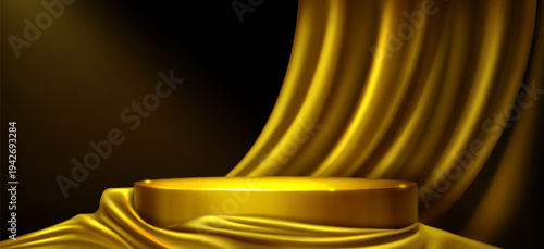 Luxury gold podium with flowing satin fabric curtain on dark background, realistic vector. Premium stage for cosmetic product display with elegant golden silk drapery and dramatic light