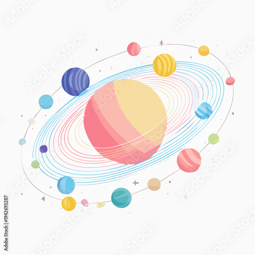A colorful artistic illustration of a solar system with planets orbiting a central sun