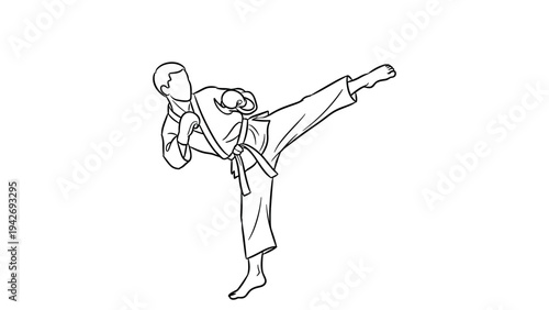 Martial artist performing high kick in linear outline style