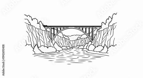 A large arched bridge spans a river canyon with steep rocky cliffs and trees