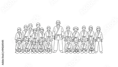 Martial arts class group sketch showing instructor with kids and parents