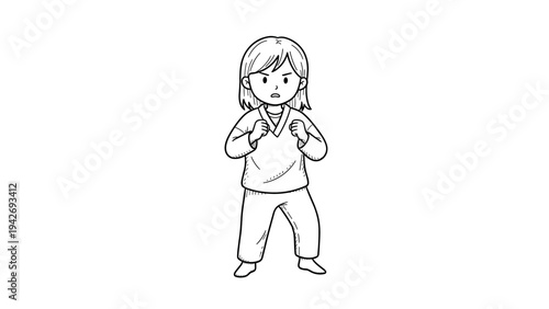 Cartoon child standing in pajamas with determined expression in black and white drawing