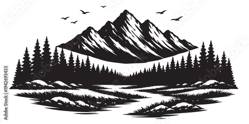 Rocky Mountain National Park Scene Silhouette, Silhouette Vector, Isolated on White Background