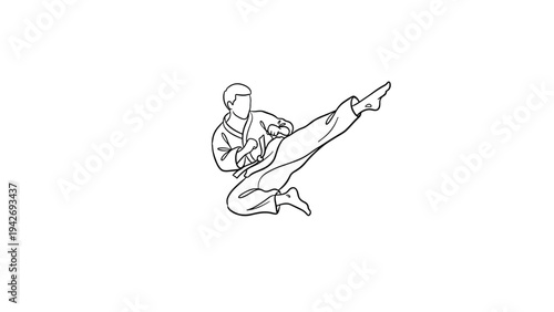 Martial artist kicking high in dynamic line art
