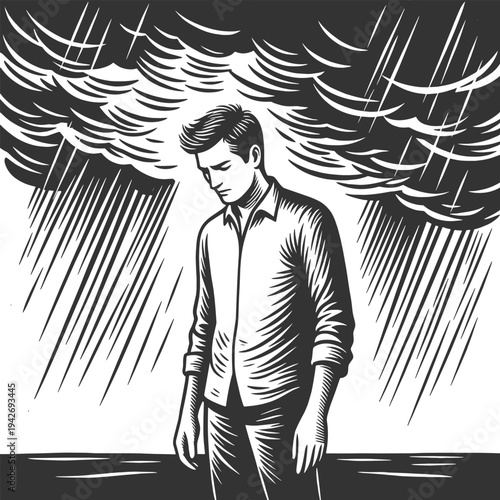 solitary man standing beneath dark storm clouds and heavy rn, depression, hardship, and emotional struggle sketch engraving vector illustration. Scratch board. Black and white image.