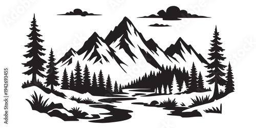 Mountain National Park Landscape Silhouette, Silhouette Vector, Isolated on White Background