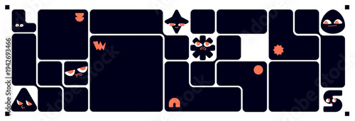 Photos Modern bento grid layout with black geometric boxes, abstract shapes and funny characters, vector illustration
