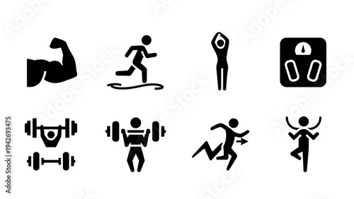 Fitness icon set: silhouette design for exercise and gym activities