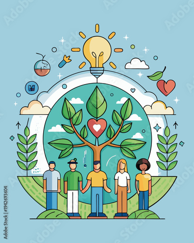 Universal Care Dignity Scene with Heart Tree Illustration