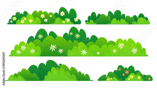 Green bush border cartoon vector illustration isolated on white background. Spring plant with blooming color flowers, natural garden hedge, park or forest design elements, summer landscape shrub