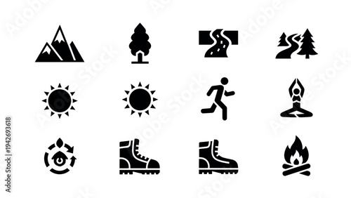 Outdoor adventure icons set: hiking, camping, and nature symbols in silhouette style