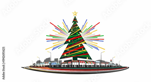 A festive Christmas tree illuminates a bustling street scene with shops and crowds