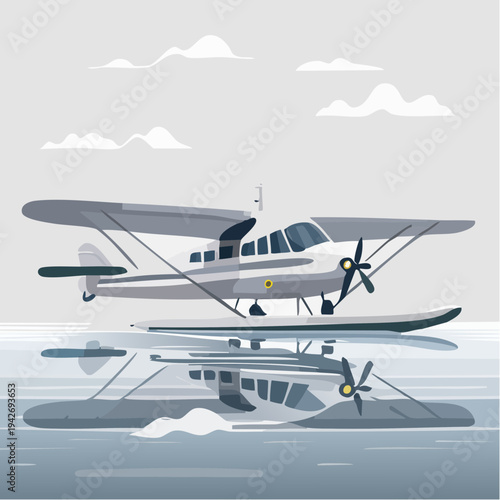 Vintage seaplane floats on calm water, reflecting its image