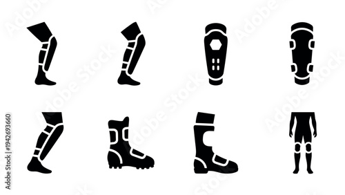 Silhouette icons of soccer leg guards and boots for sports equipment design