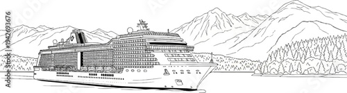 A large cruise ship sails on calm waters near a forested coastline and majestic mountains