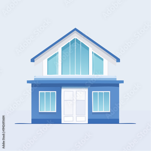Modern blue house illustration with large windows and a distinct gabled roof, representing contemporary residential architecture and design