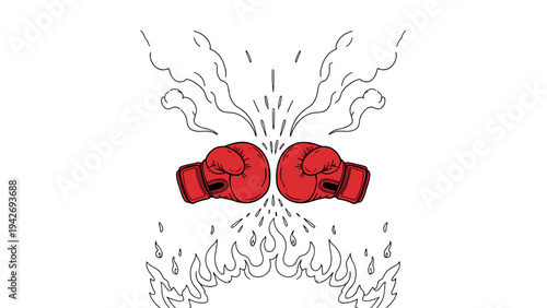Dynamic red boxing gloves with intense energy burst and flames