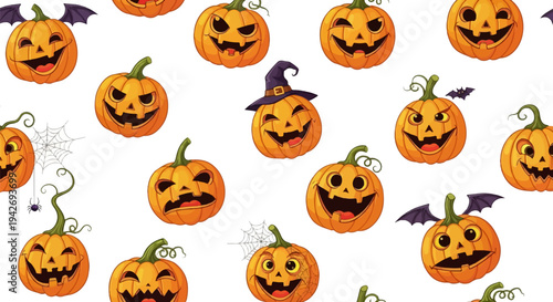 A festive pattern of grinning jack-o'-lanterns with bats and spiders